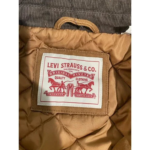 Levis XL Garment Washed Quilted Jacket With Corduroy Collar & Pockets Brown
